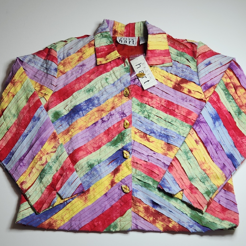 Keren Hart VINTAGE Quilted Jacket XL – Multicolor Tie Dye Chevron Button Up NWT